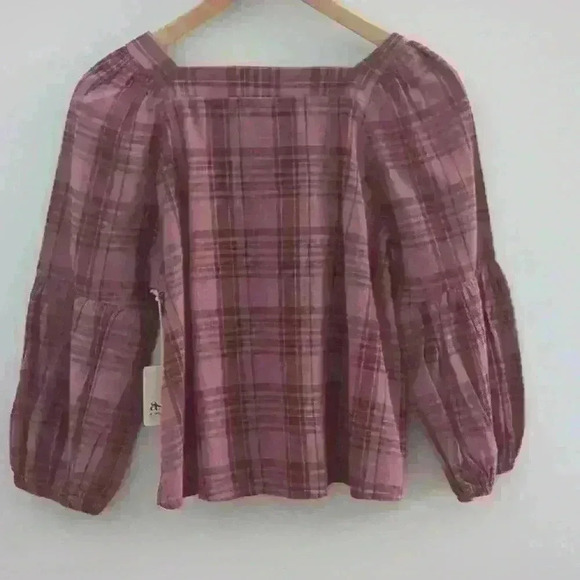 A.N.A |  Women's Briana Plaid Violet Square Neck Linen Long Sleeved Top - Picture 4 of 4